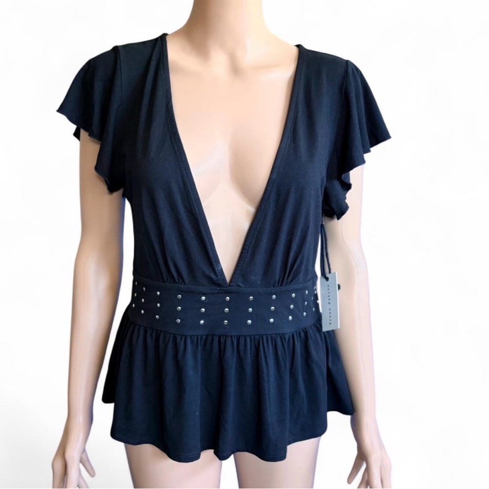 NWT Black Deep V-Neck Top with Studded Waist Sz XL NWT